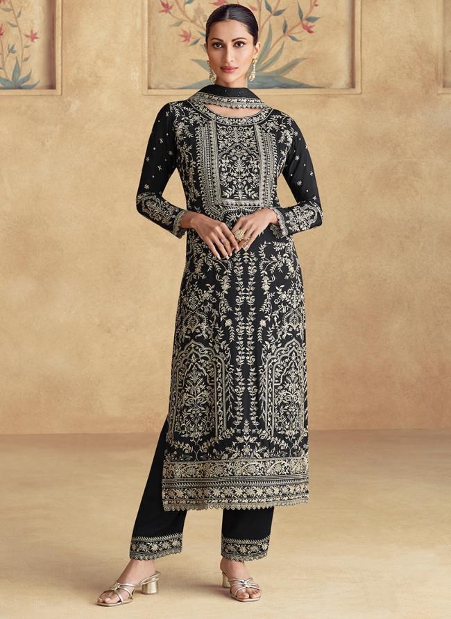 Chinnon Silk Black Wedding Wear Embroidery Work Readymade Straight Suit